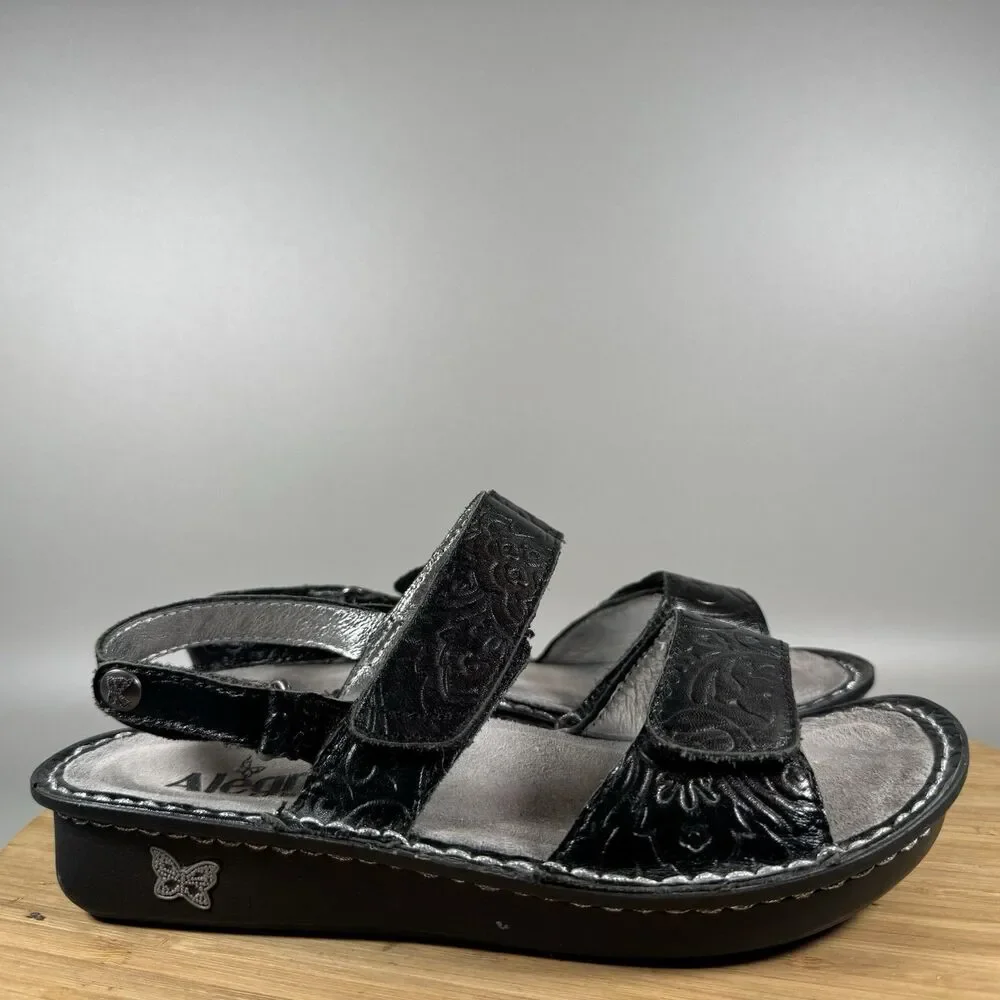 S‎ Alegria Verona Black Leather Low Wedge Sandals EU 37 US 6